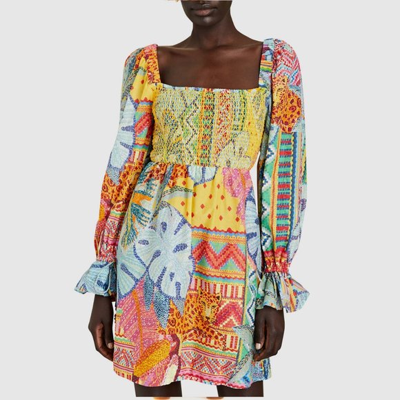 Farm Rio Summer Tapestry Smocked Minidress Artsy Tropical Cottagecore Dopamine - Picture 3 of 13